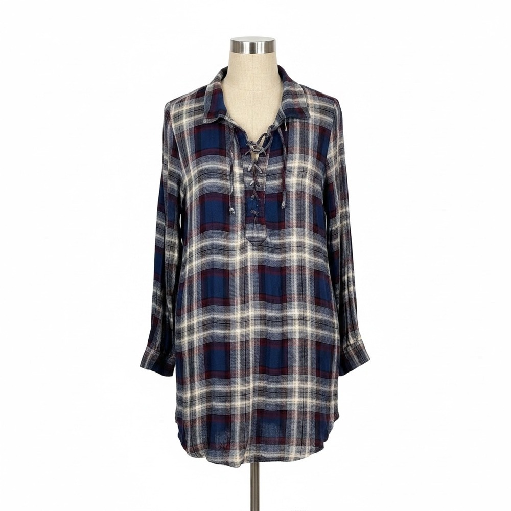 Vintage Havana Plaid Lace Up Tunic Shirt Blue Red White Medium